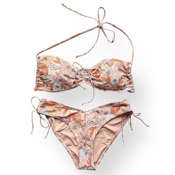 J. Crew Ruched Halter Bikini XL Top M Bottom Zinnia Floral peach orange strappy - Picture 1 of 12